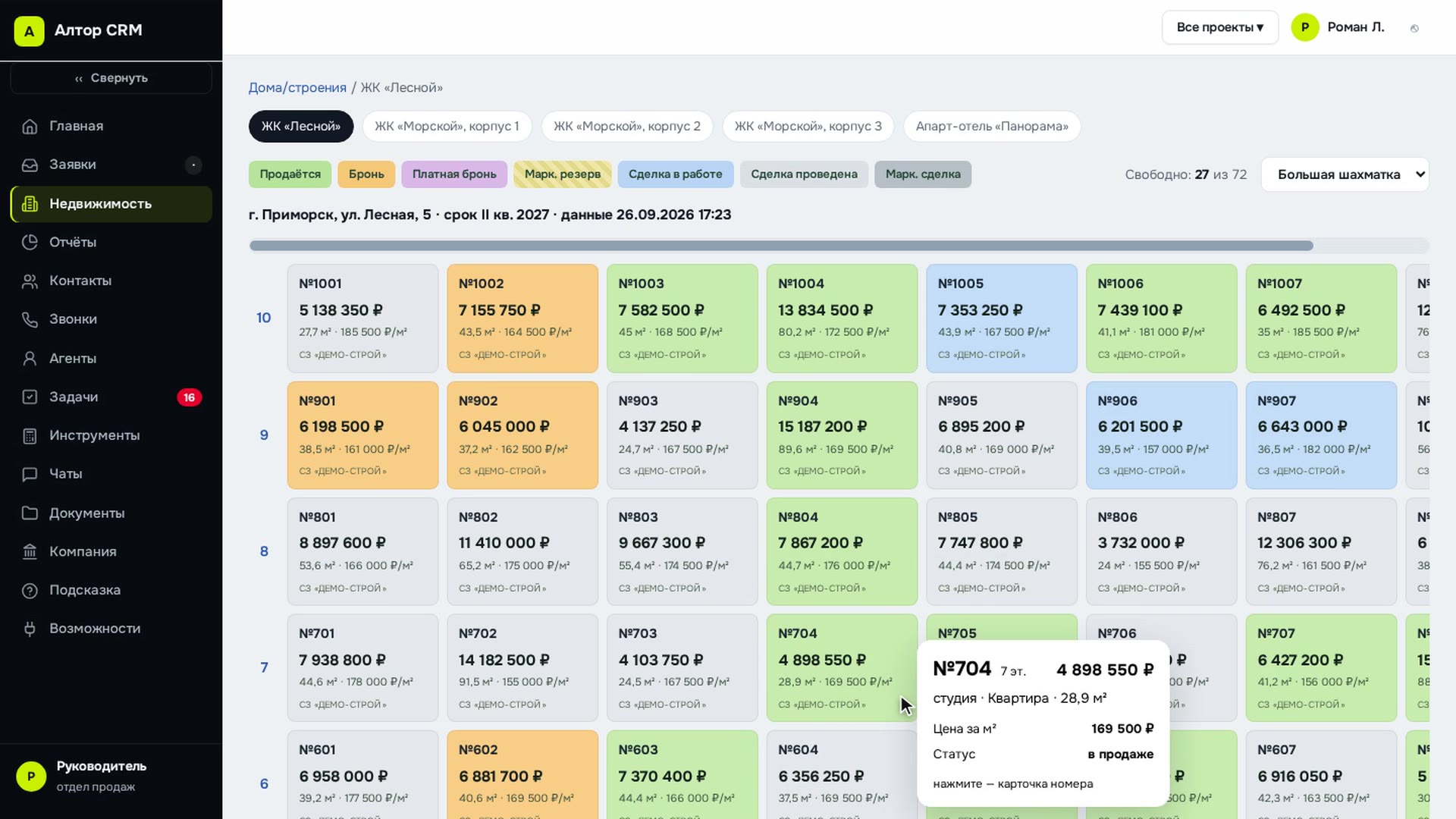 Шахматка Алтор CRM на демонстрационных данных